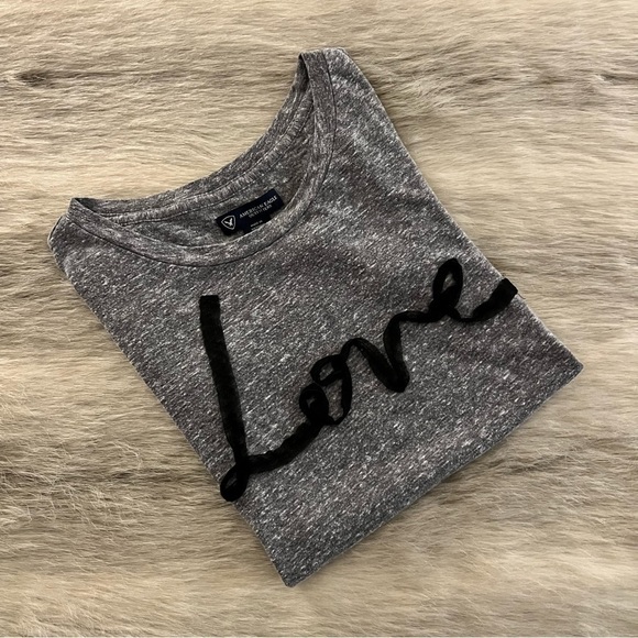 Vintage AMERICAN EAGLE XS Heather Gray Short Sleeve Ribbon “Love” Baby Tee Y2K - Picture 9 of 9